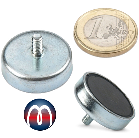 Ferrite Pot Magnet Ø 25,0 x 7,0 mm with External Thread Stud M4 x 8 - holds  4 kg
