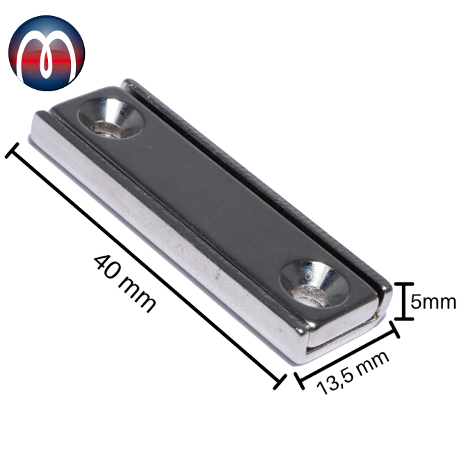 Channel magnet Neodymium 40 x 13,5 x 5 mm with countersunk borehole - holds 17 kg