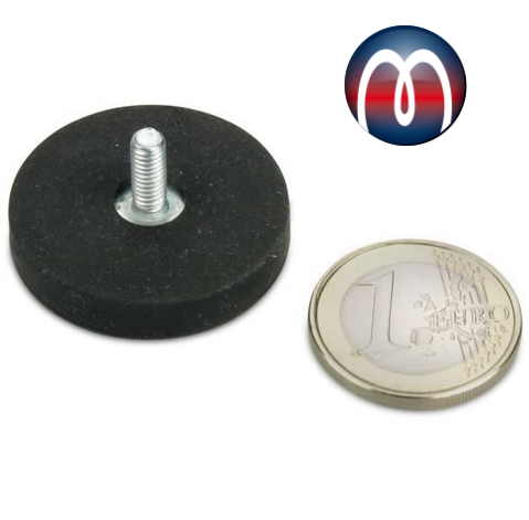 Magnstem Neodym Ø 31 mm gummiert mit Gewindezapfen M6 x 11 - hält 8,9  kg