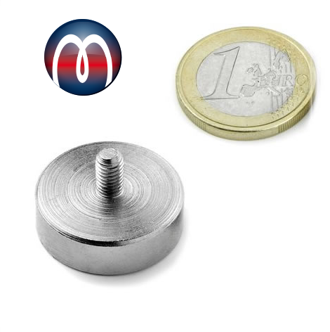 Magnete al neodimio con base Ø 25 mm con gambo filettato M6 x 10 - tiene 20  kg